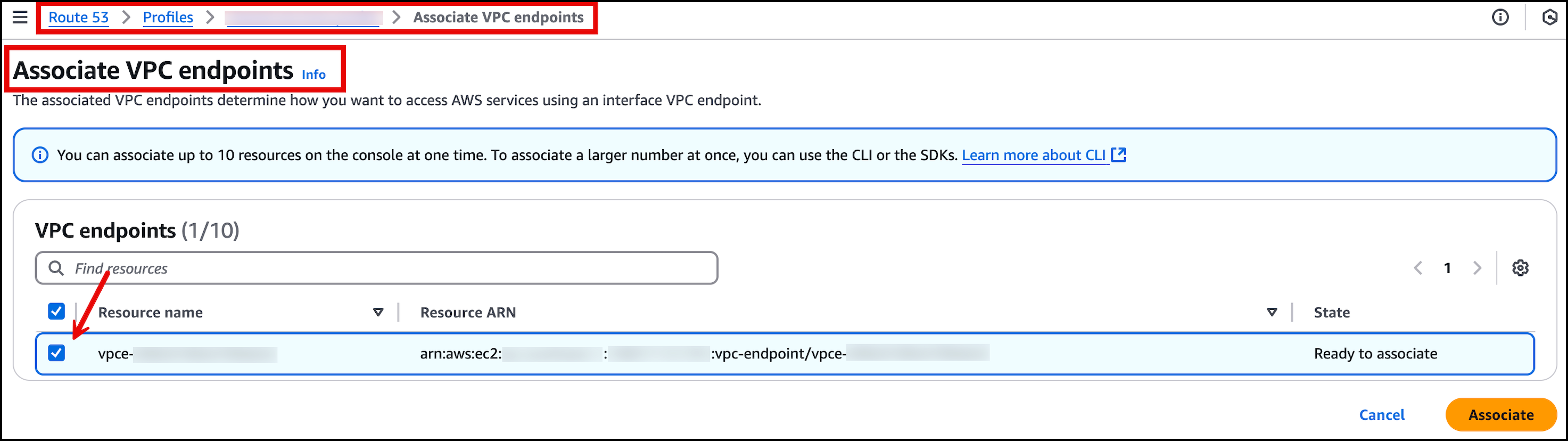 Associate VPC endpoint with Route 53 Profile as shown in the AWS management console