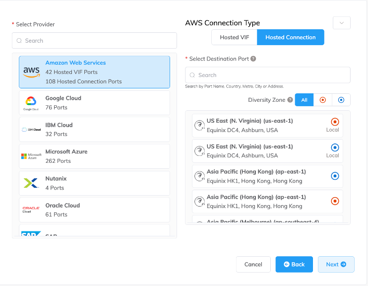 Specify a connection type and destination