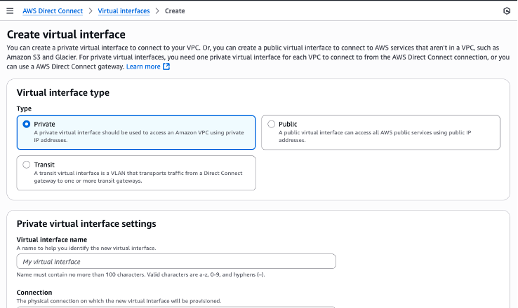 Create virtual interface in AWS Direct Connect console