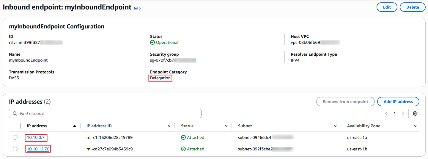Figure 4: IP addresses of the inbound delegation endpoint