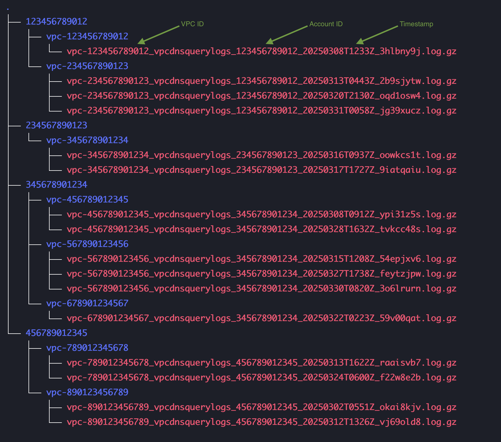 Tree-structured view of Amazon VPC DNS query log files organized by AWS account IDs and VPC IDs. Each folder represents an AWS account ID, containing subfolders for individual VPC IDs. Within each VPC folder are multiple log files named using the format: vpc-<VPC-ID>_vpcdnsquerylogs_<Account-ID>_<Timestamp>_<RandomString>.log.gz. Green labels above the filenames indicate the sections representing the VPC ID, Account ID, and timestamp.