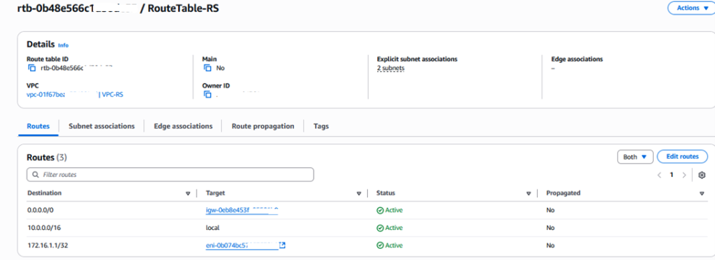 Figure 5. VPC route table updated with 172.16.1.1/32 pointing to the active instance ENI