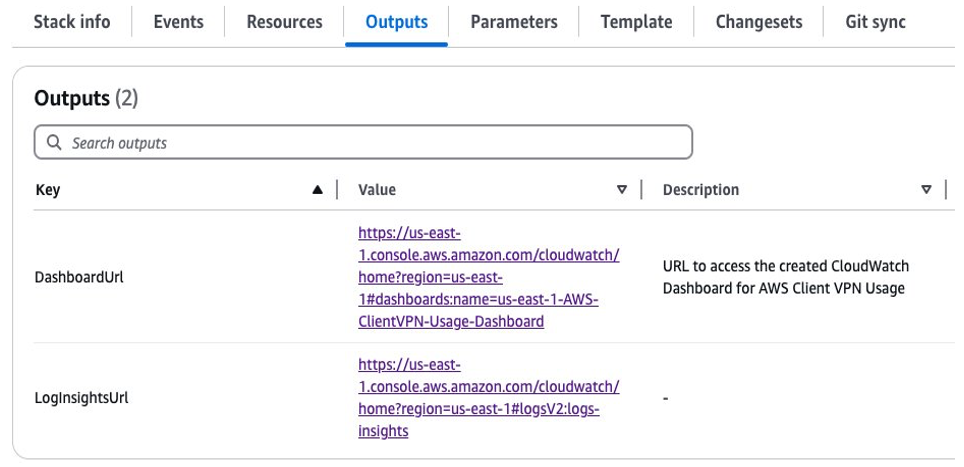 Figure 2: CloudFormation Outputs Tab Link to Log Insights console