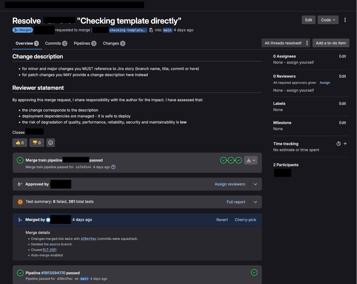 Screenshot of customer’s Gitlab, showing a merged example request. The screenshot shows how any change request is approved by only allowed platform team members.