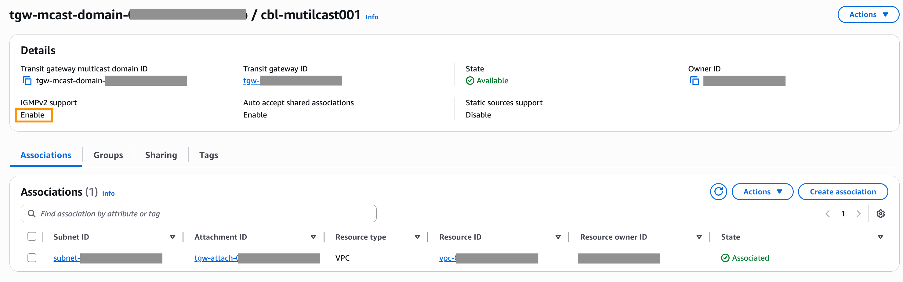 An example of the created IGMP multicast domain using Transit Gateway