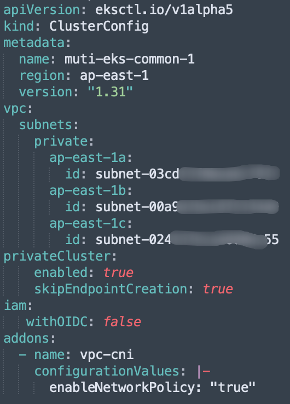 An example for the YAML file definition of creating an EKS cluster