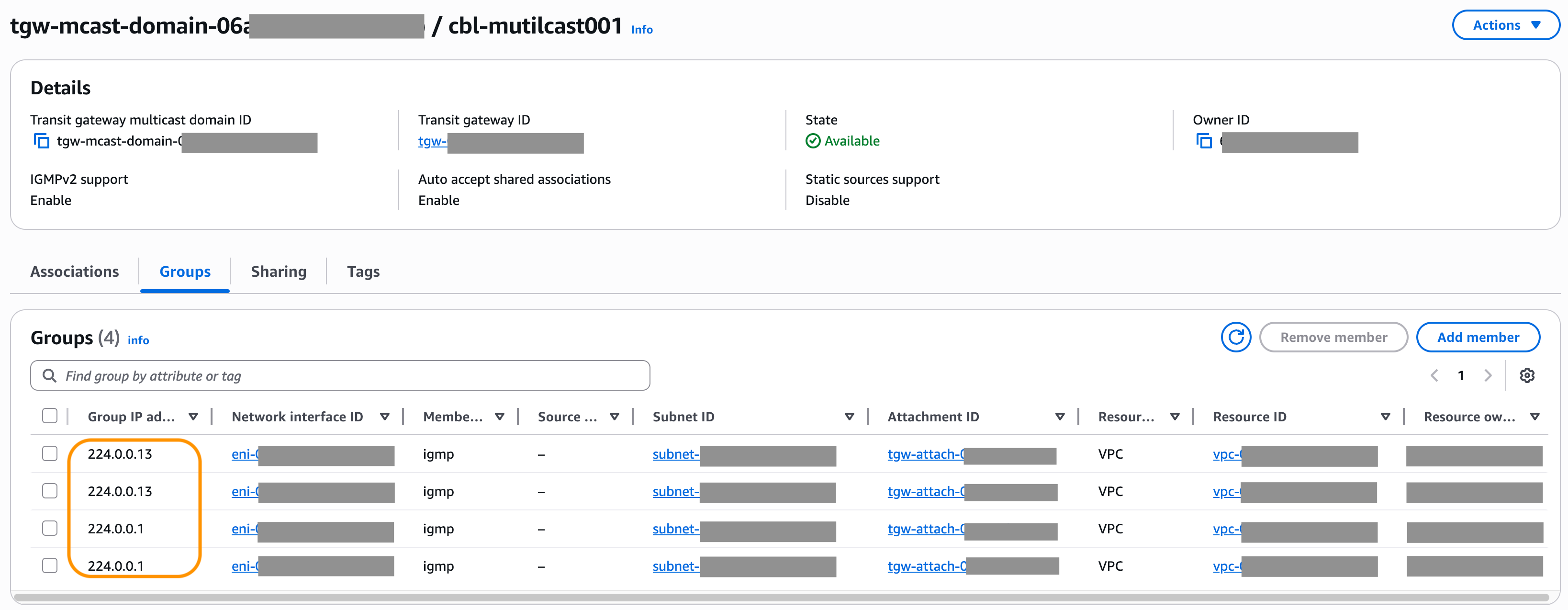 Multicast groups information shown in in Transit Gateway