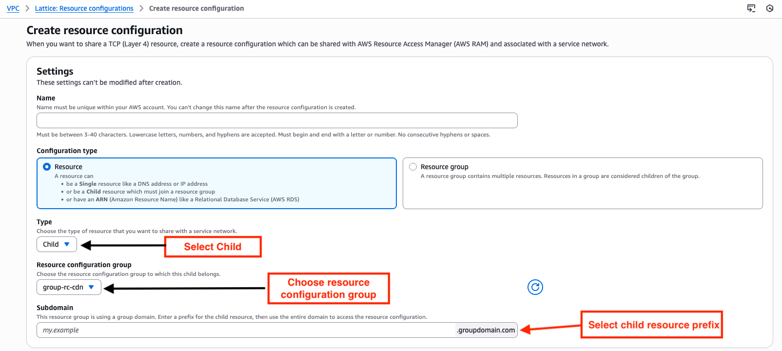 Figure 6: Creating a child resource configuration and specifying a custom domain name 