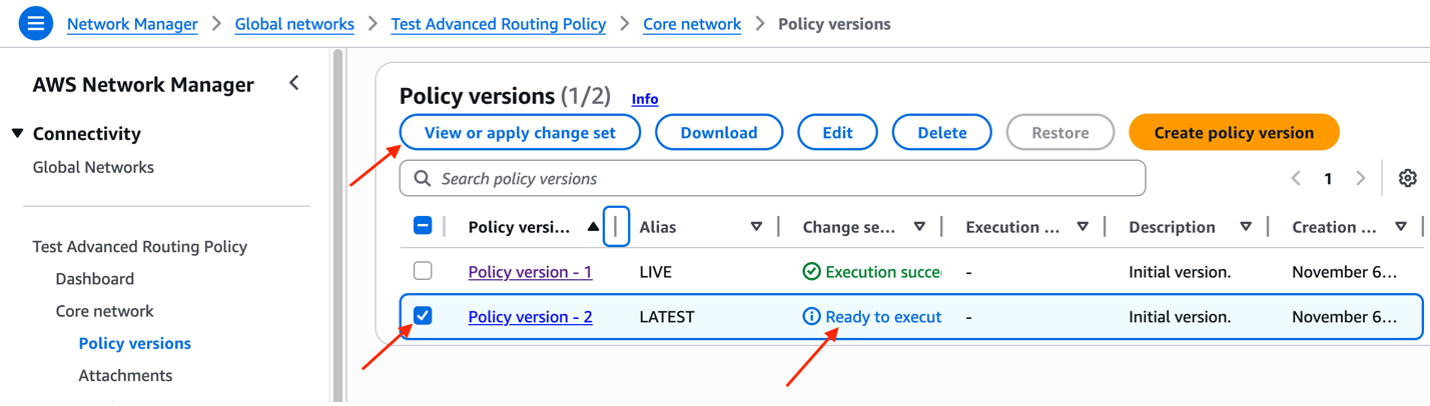 図11:実行準備が整った新しい Cloud WAN ポリシーバージョン