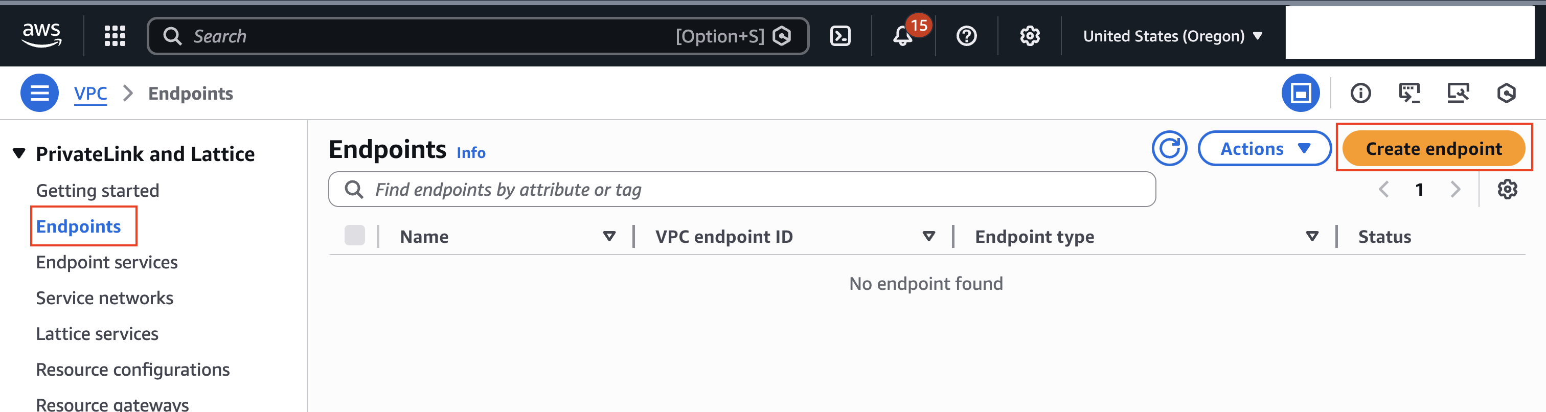 AWS Console for creation of VPC Endpoint