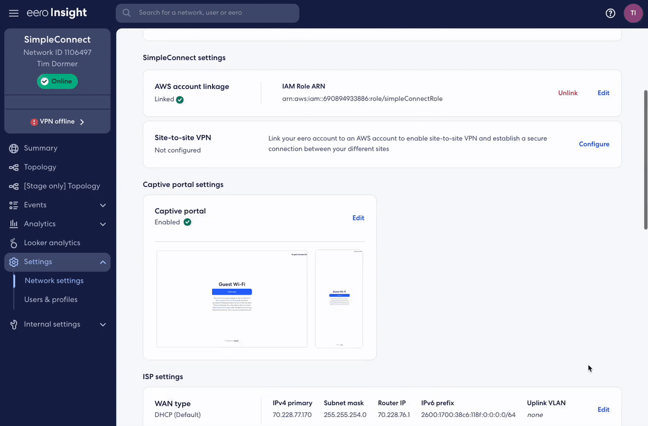 GIF showing eero Insight dashboard process on how to create a VPN connection to an AWS Cloud WAN core network. The VPN is terminated in the Oregon AWS Region.