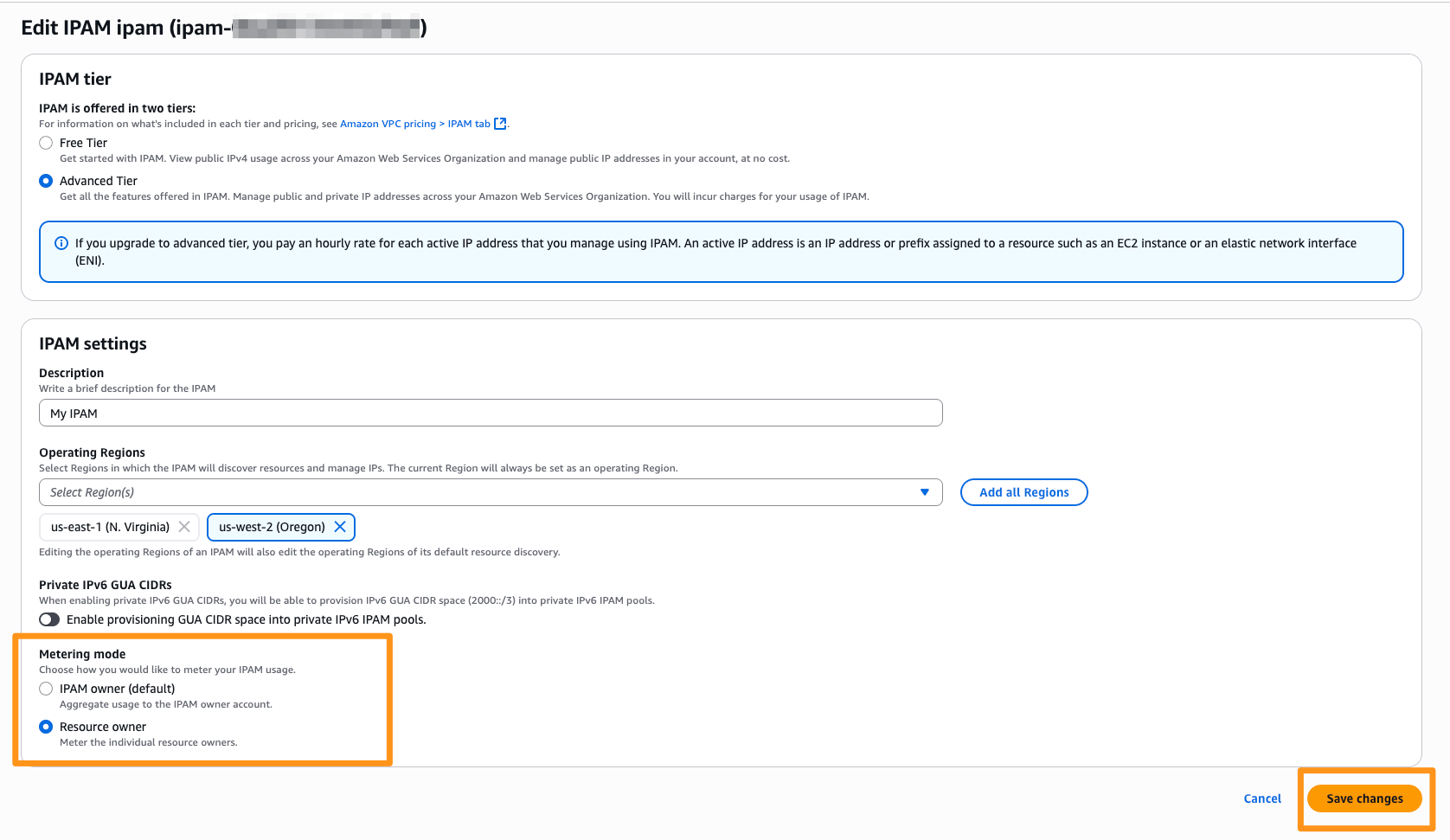 Figure 4: IPAM settings showing Metering mode set to Resource owner