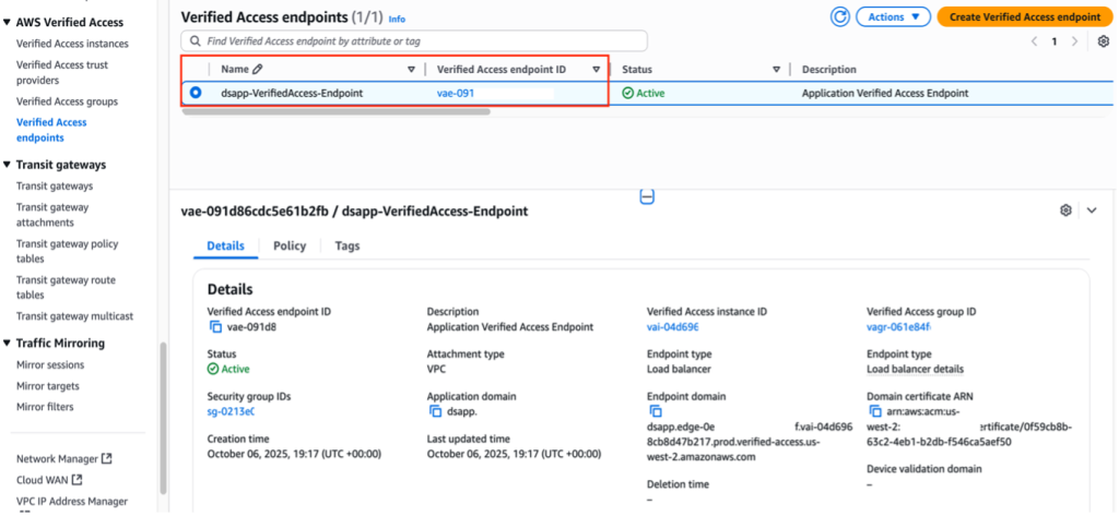 AWS Verified Access console displaying the dsapp-VerifiedAccess-Endpoint with Active status, configured as a VPC load balancer endpoint with security group and domain settings.