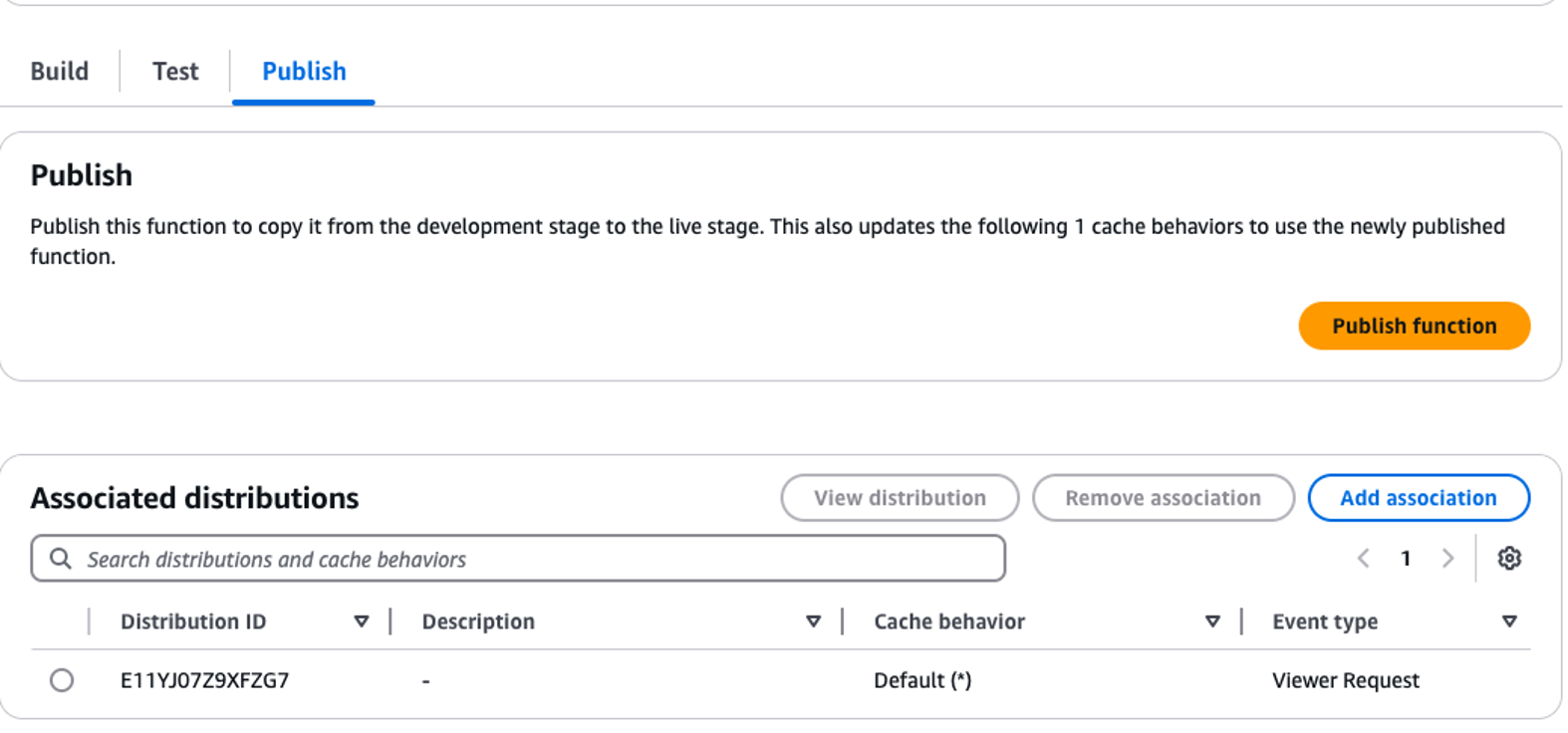 Screenshot showing ‘Publish’ tab on AWS CloudFront console with associated distributions and button to 'Publish function'. This is to associate the function with a CloudFront distribution.