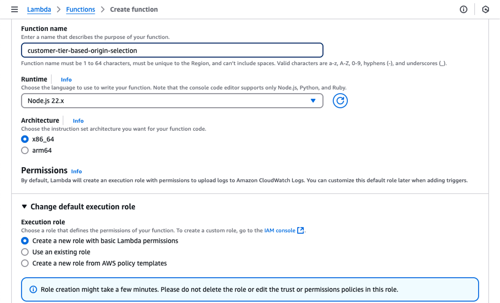Screenshot showing ‘Create Lambda Function’ with details such as ‘Functon name’, 'Runtime', 'Architecture', 'Permissions' -> ‘Execution role - Create a new role with basic Lambda permissions'. This is to create a new Lambda function.