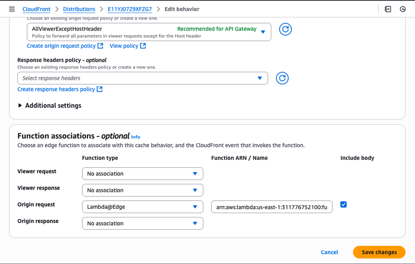 Screenshot showing ‘Edit behavior’ on AWS CloudFront console with 'Function associations - optional' option to associate the Lambda@Edge function with the CloudFront distribution at the 'Origin request' event.