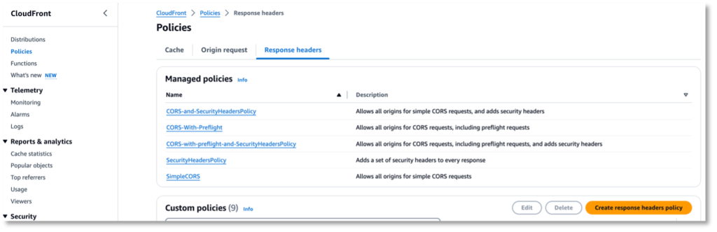 CloudFront Response Headers Policies