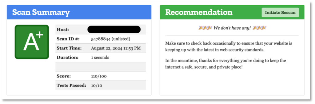 Mozilla Observatory rating after adding the security headers