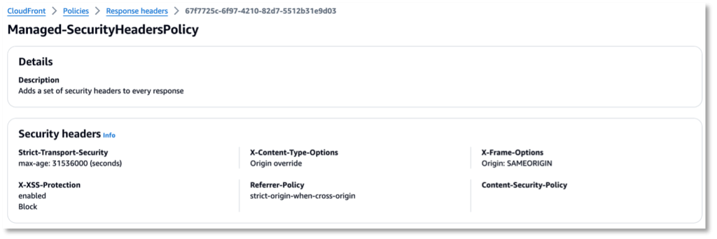CloudFront Response header policy showing the Managed-Security Headers Policy