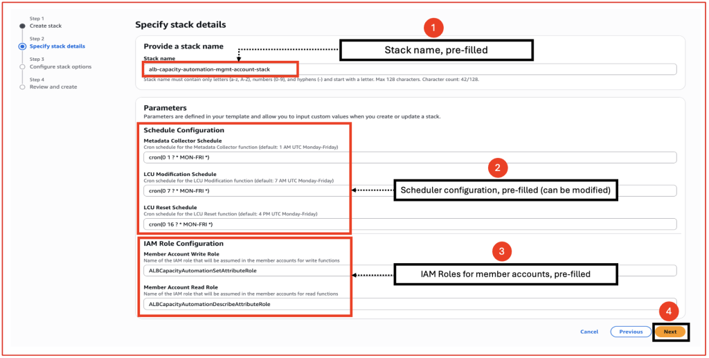 CloudFormation stack configuration screen with pre-filled parameters
