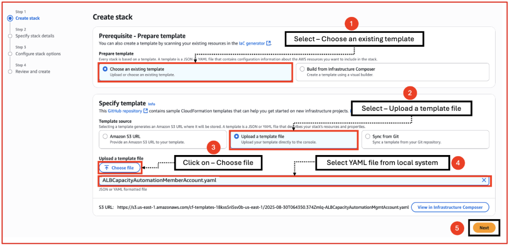 Uploading YAML template file for stack creation