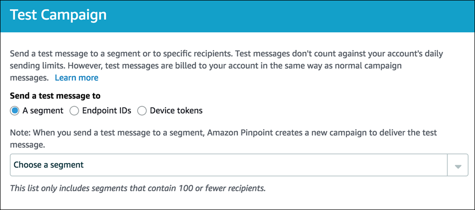 The Test Campaign dialog box, with the option to send to a segment selected.