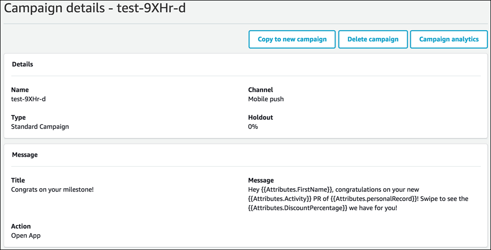 The Campaign screen, showing an example of a test campaign.