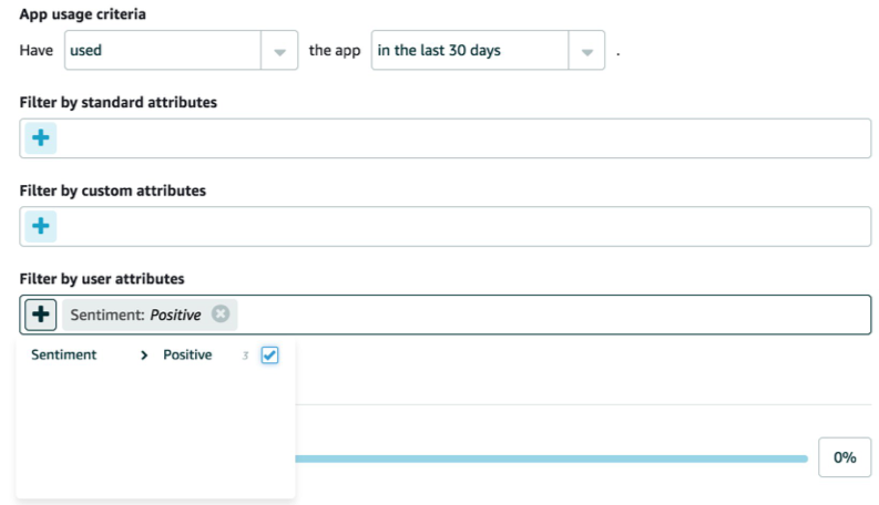 A screenshot that shows how to add the Sentiment = Positive attribute to a Pinpoint segment.