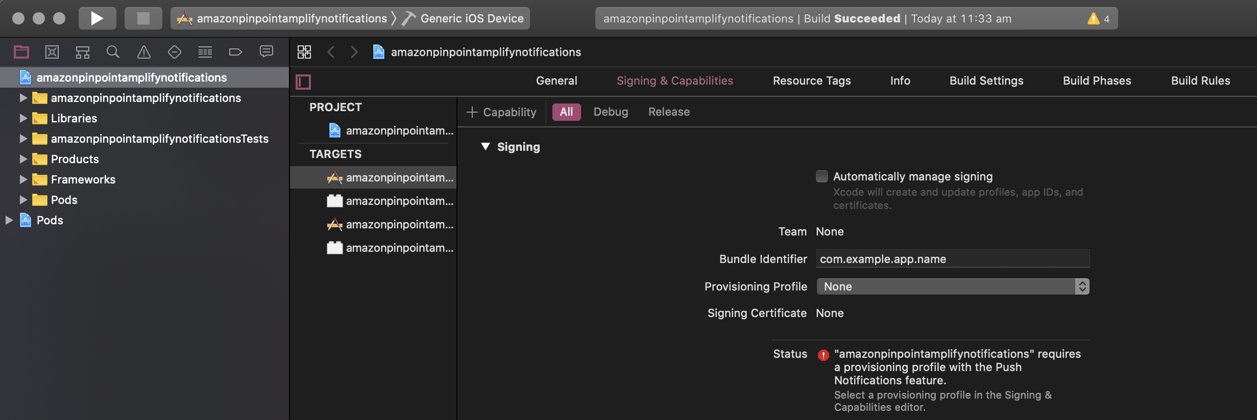 xcode project view signing tab