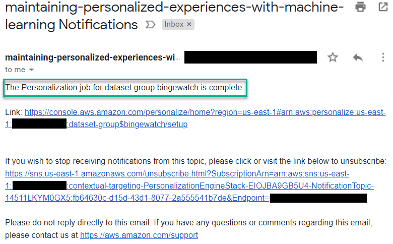 SNS notification for Amazon Personalize job