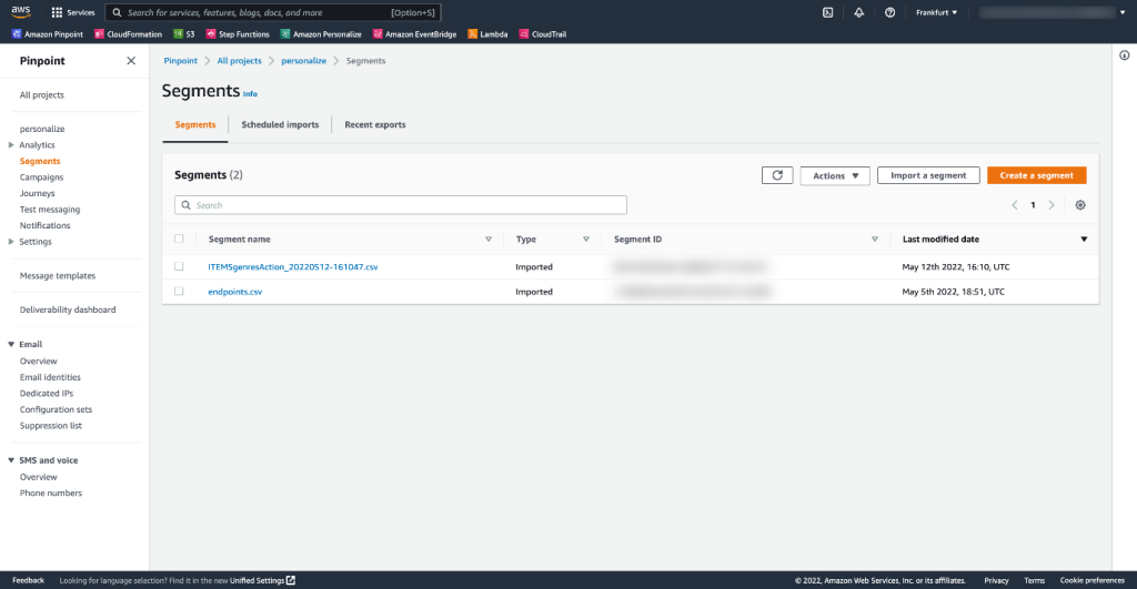 Amazon Pinpoint segments created by the solution
