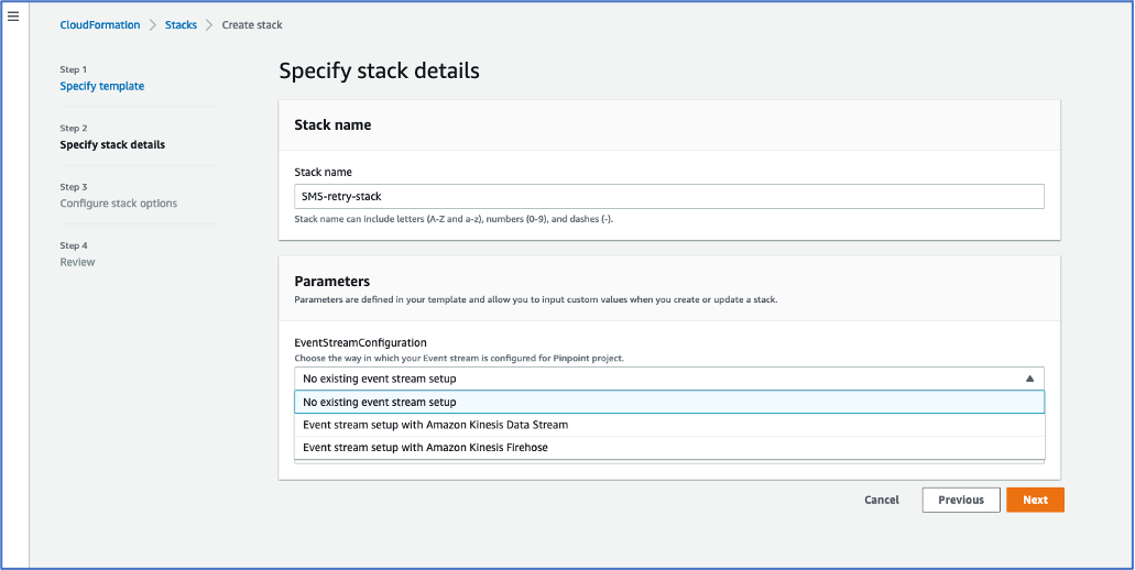 AWS console specifying Pinpoint stack details 