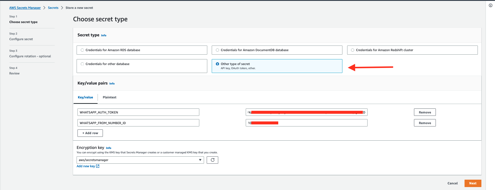AWS Secret Manager Console screenshot storing WHATSAPP_AUTH_TOKEN and WHATSAPP_FROM_NUMBER_ID secrets.