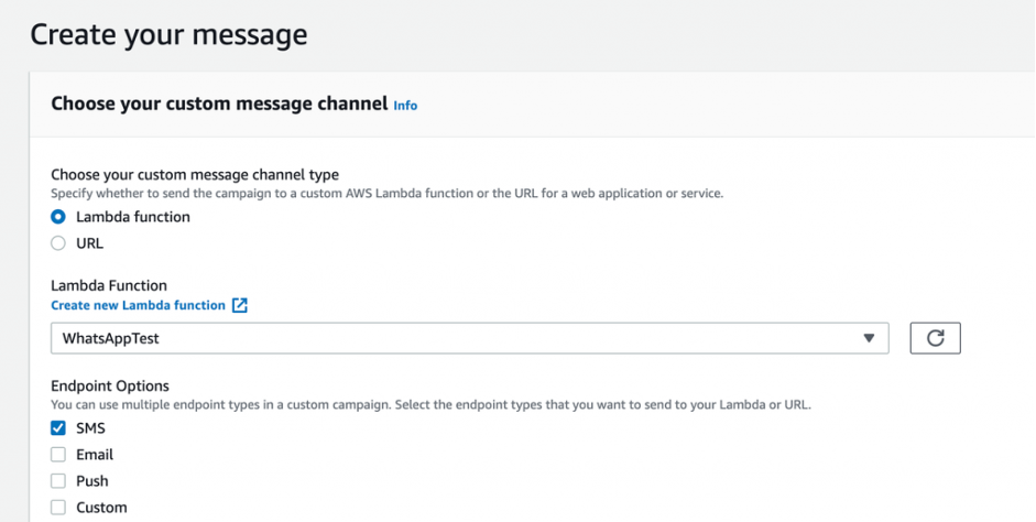 Screenshot of Pinpoint console showing creation of message for Custom Channel.