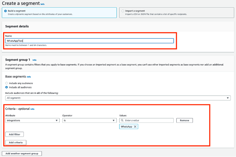 Amazon Pinpoint Create Segment Console Screenshot showing the various configurations of Pinpoint Segment.
