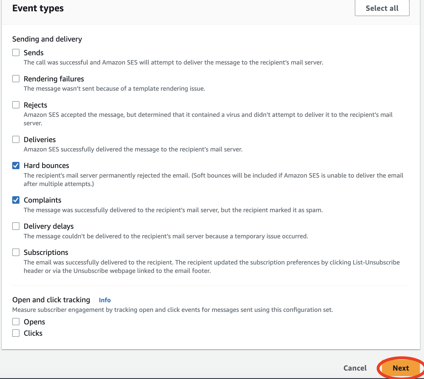 Event types selection
