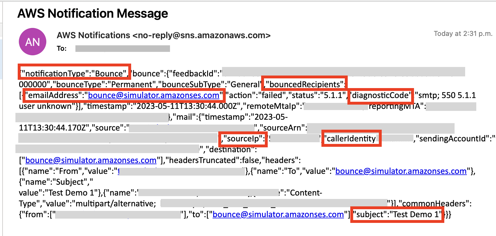 AWS notification message