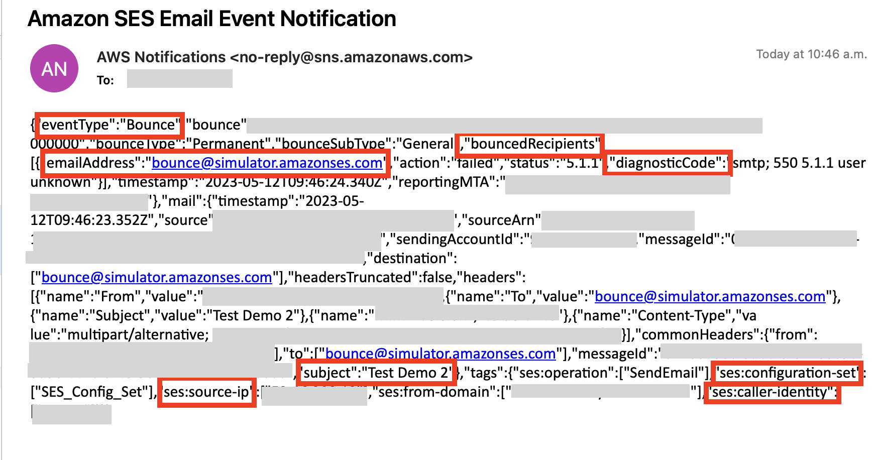 SES notification email