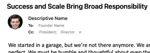 Screenshot of email client, viewing email sent by the above code. The sender of the email is “Descriptive Name”, the To recipient is Founder Name, and the President and Director are displayed as Cc addresses. 