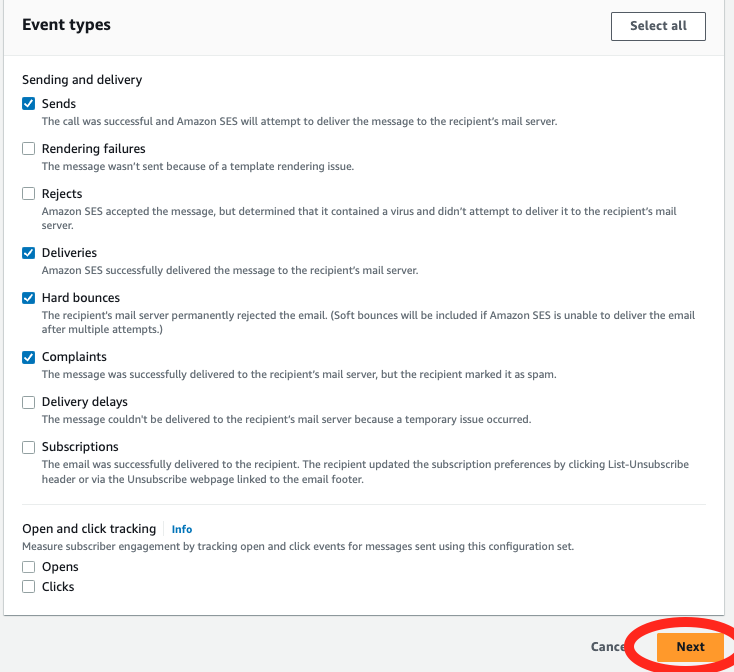 selecting event types to track