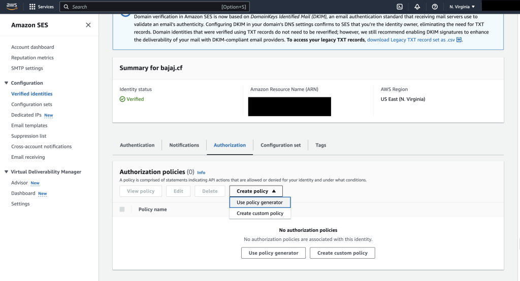 Choose the verified identity's Authorization tab