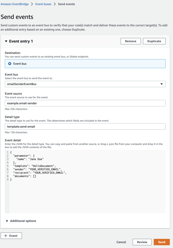 Screenshot of EventBridge console, showing how the sample event without attachment is sent.