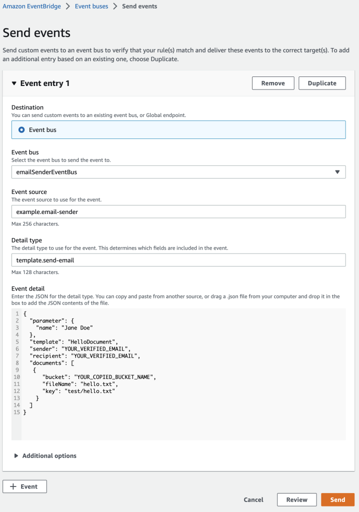 Screenshot of EventBridge console, showing how the sample event with attachment is sent.