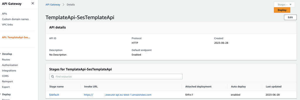 AWS console showing the invoke URL of the API