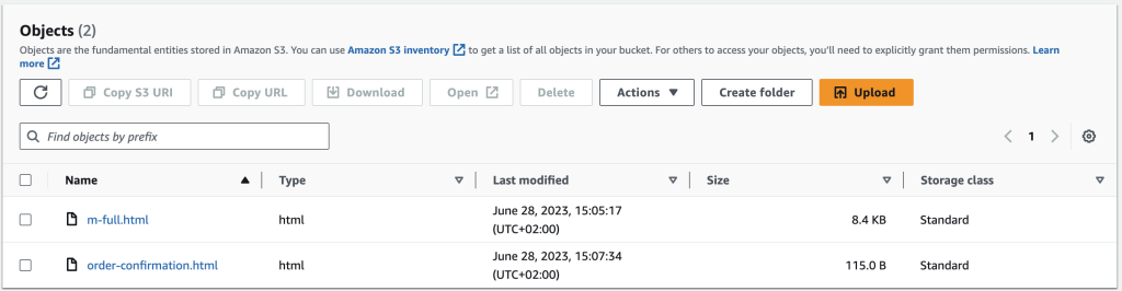 Screenshot of the S3 console, displaying two items: m-full and order-confirmation.