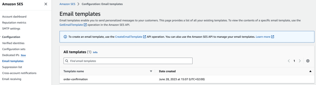 Screenshot of the SES console, displaying the order confirmation template