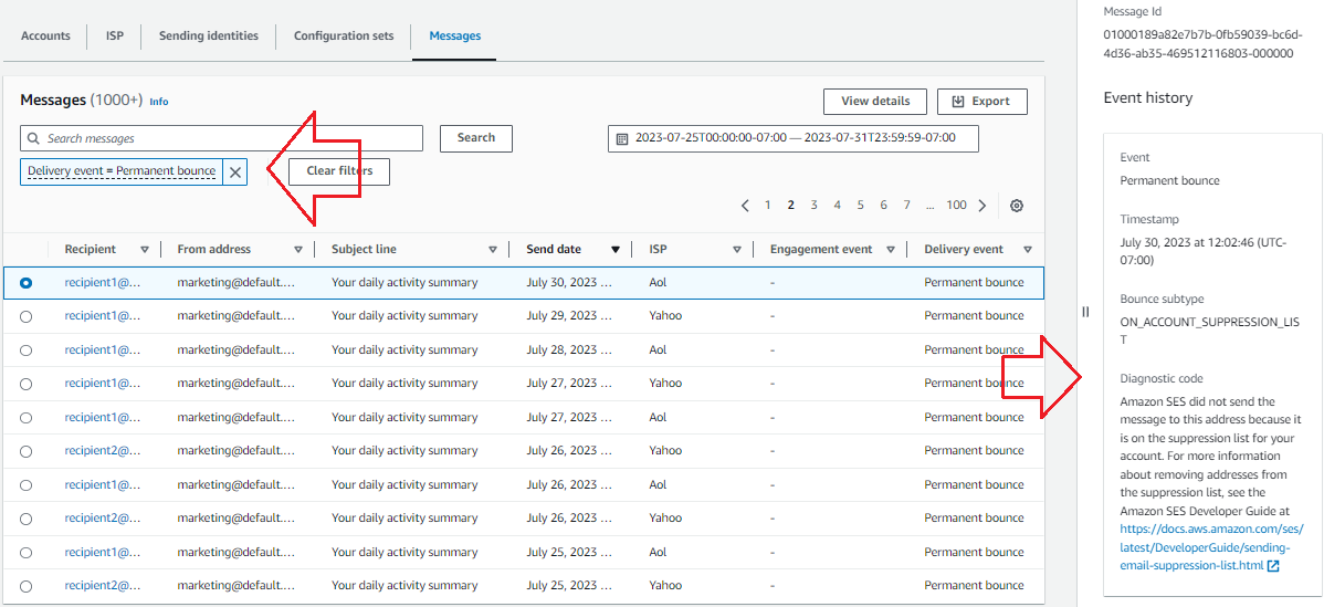 How to view email delivery transaction details showing the delivery message.