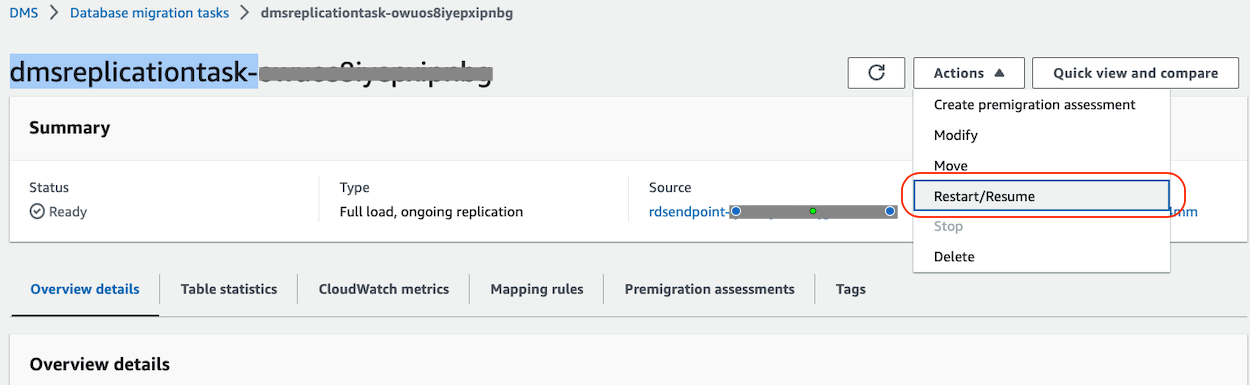 Fig 10: Starting AWS DMS Replication Task