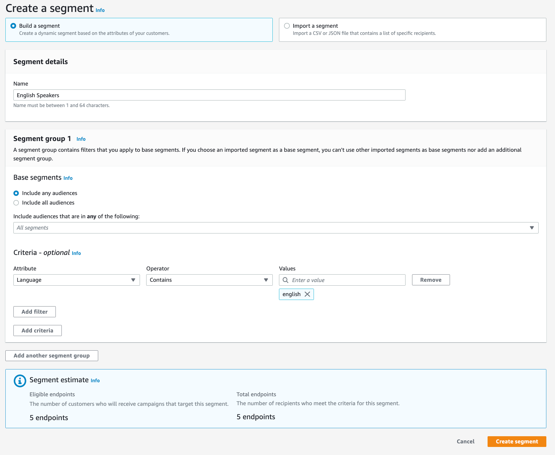 Fig 14: Amazon Pinpoint segment summary