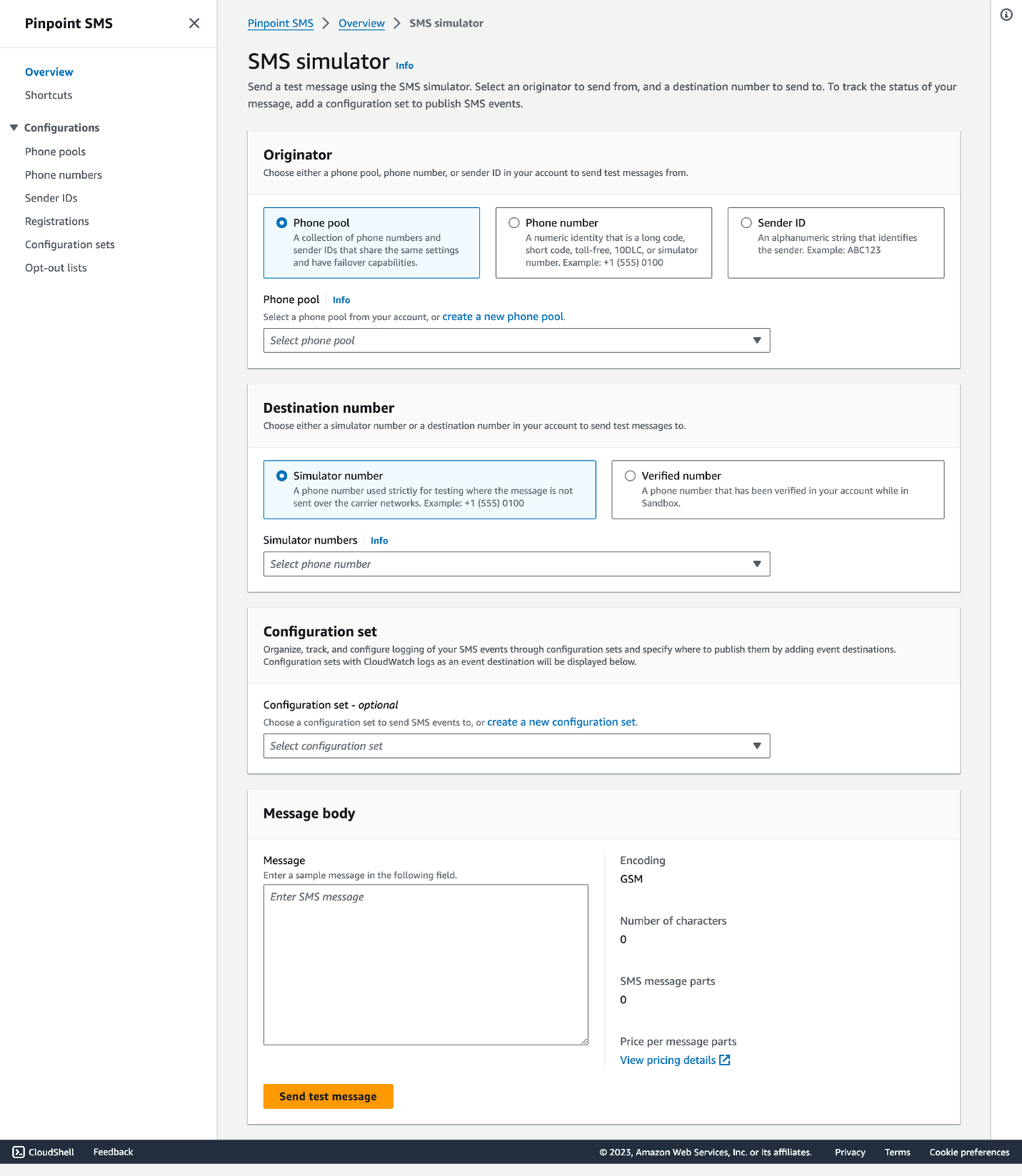 SMS simulator in the SMS console